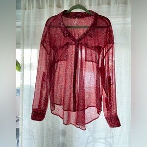 Free People Abstract Button-down Blouse, Size: L/G, Salmon Multi